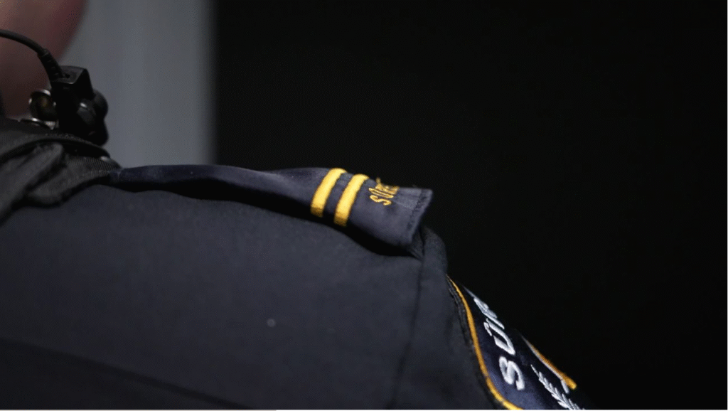Close-up of a dark uniform shoulder with yellow rank stripes and a badge-style patch on the sleeve.